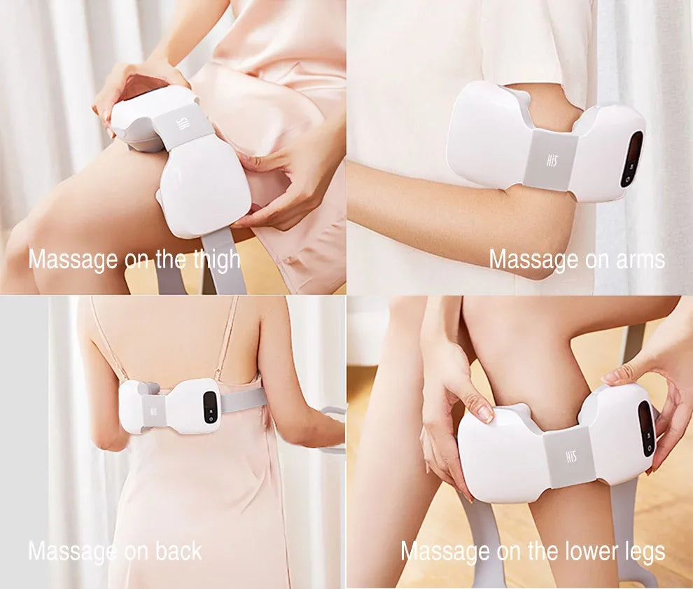 Massage device being used on different parts of the body with text labels.