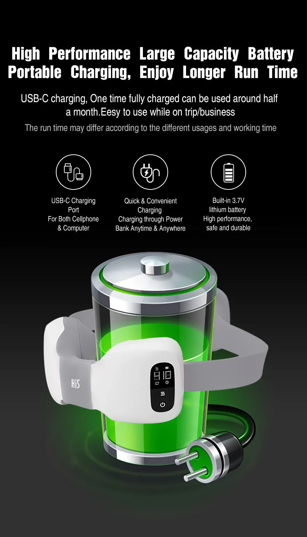 Green portable battery charger with text on a black background