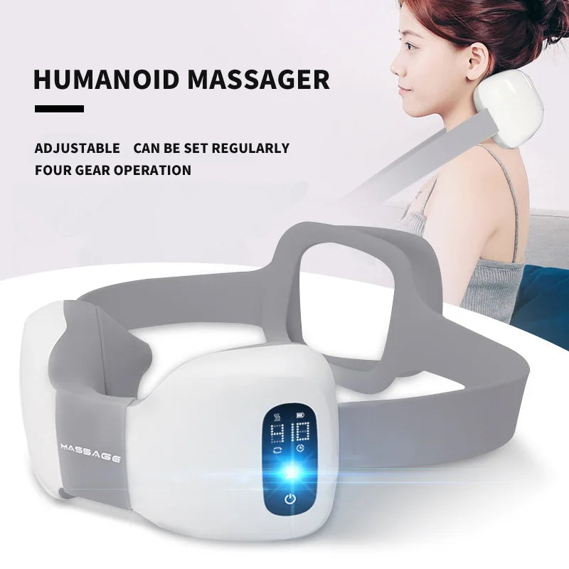 Humanoid massager being used on a person with text highlighting features