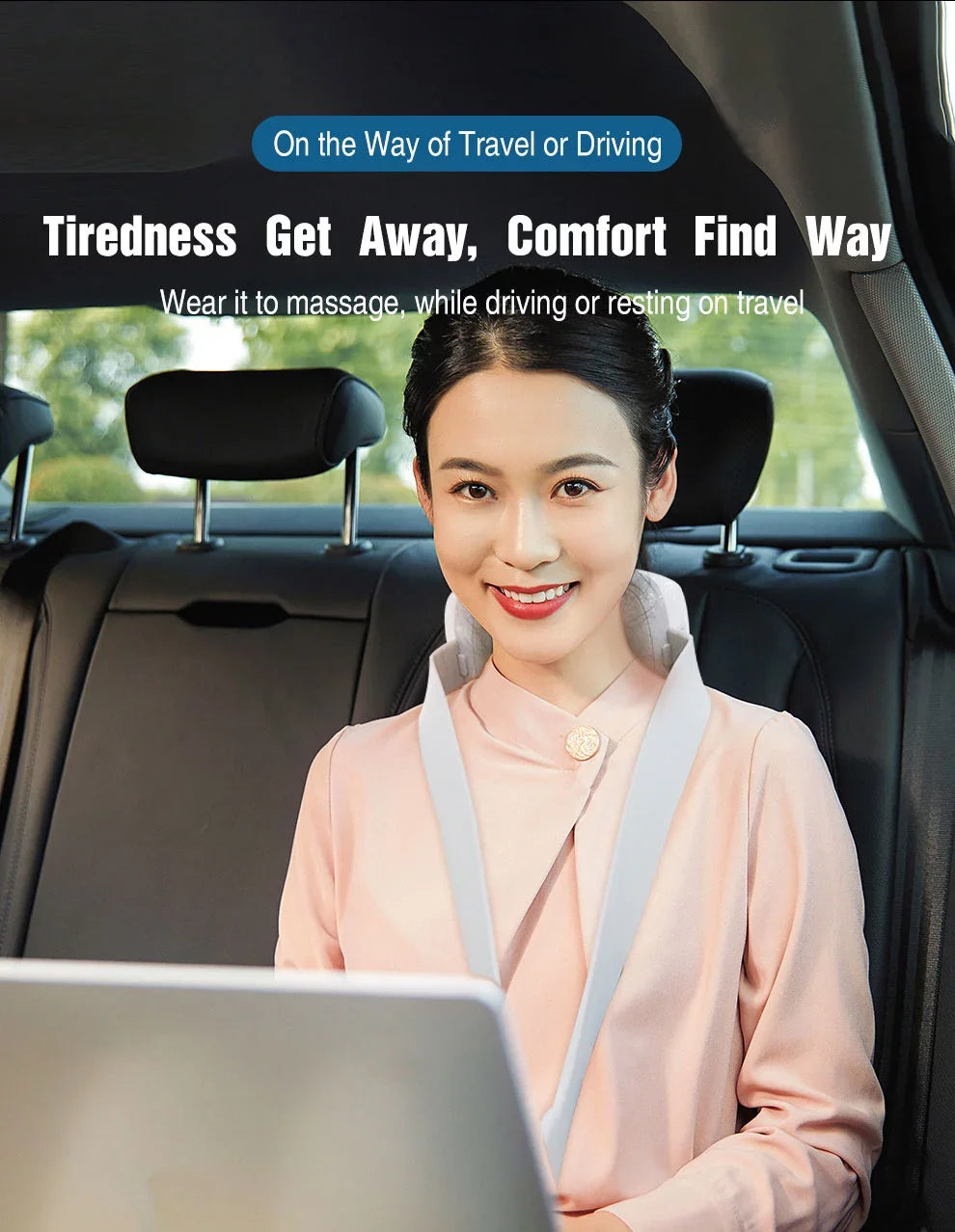Woman sitting in a car with a neck pillow, text about comfort during travel.