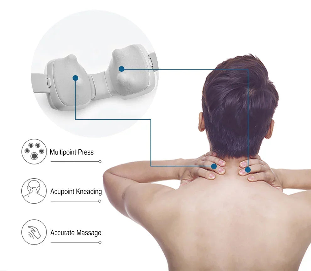 Neck and shoulder massager with user illustration on a white background