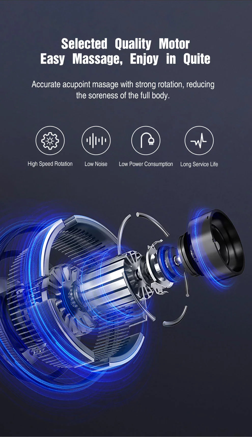 Motor with blue lighting on a dark background, featuring text about motor quality and massage benefits.