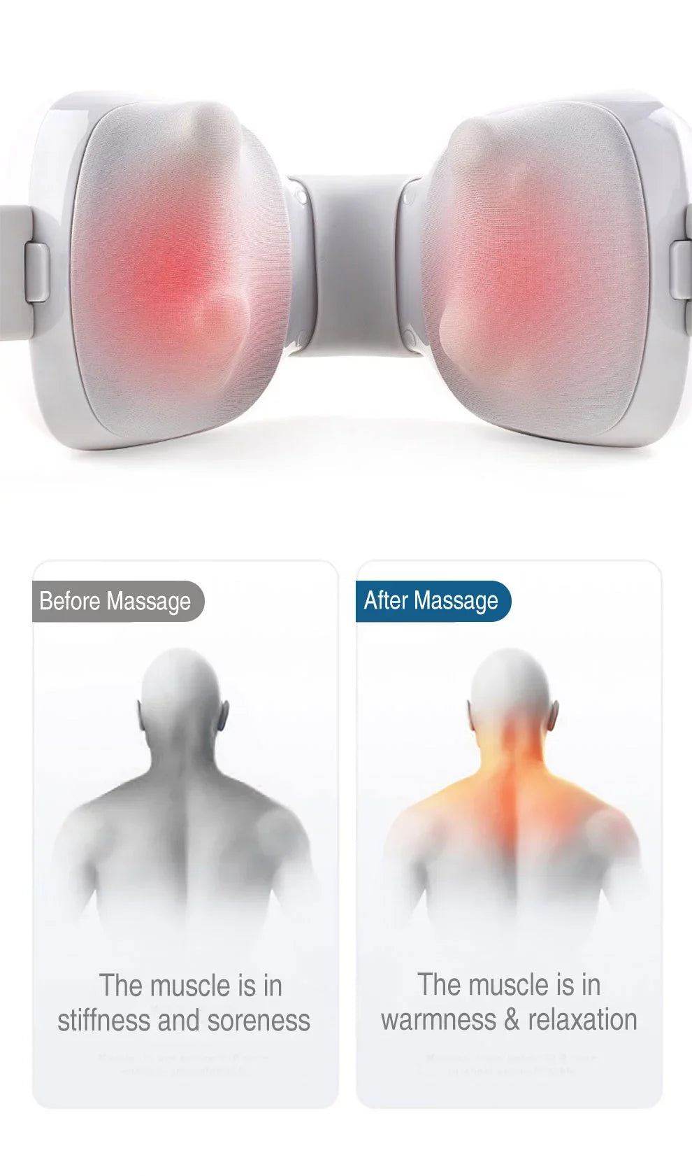 Massage device showing before and after massage effects on muscles.
