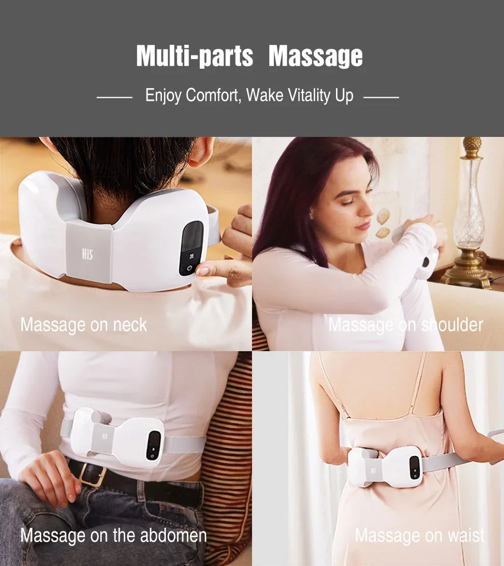 Massage device being used on neck, shoulder, abdomen, and waist with text 'Multi-parts Massage' and 'Enjoy Comfort, Wake Vitality Up'.