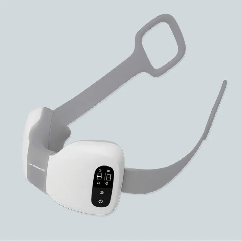 White electronic device with gray straps on a light blue background