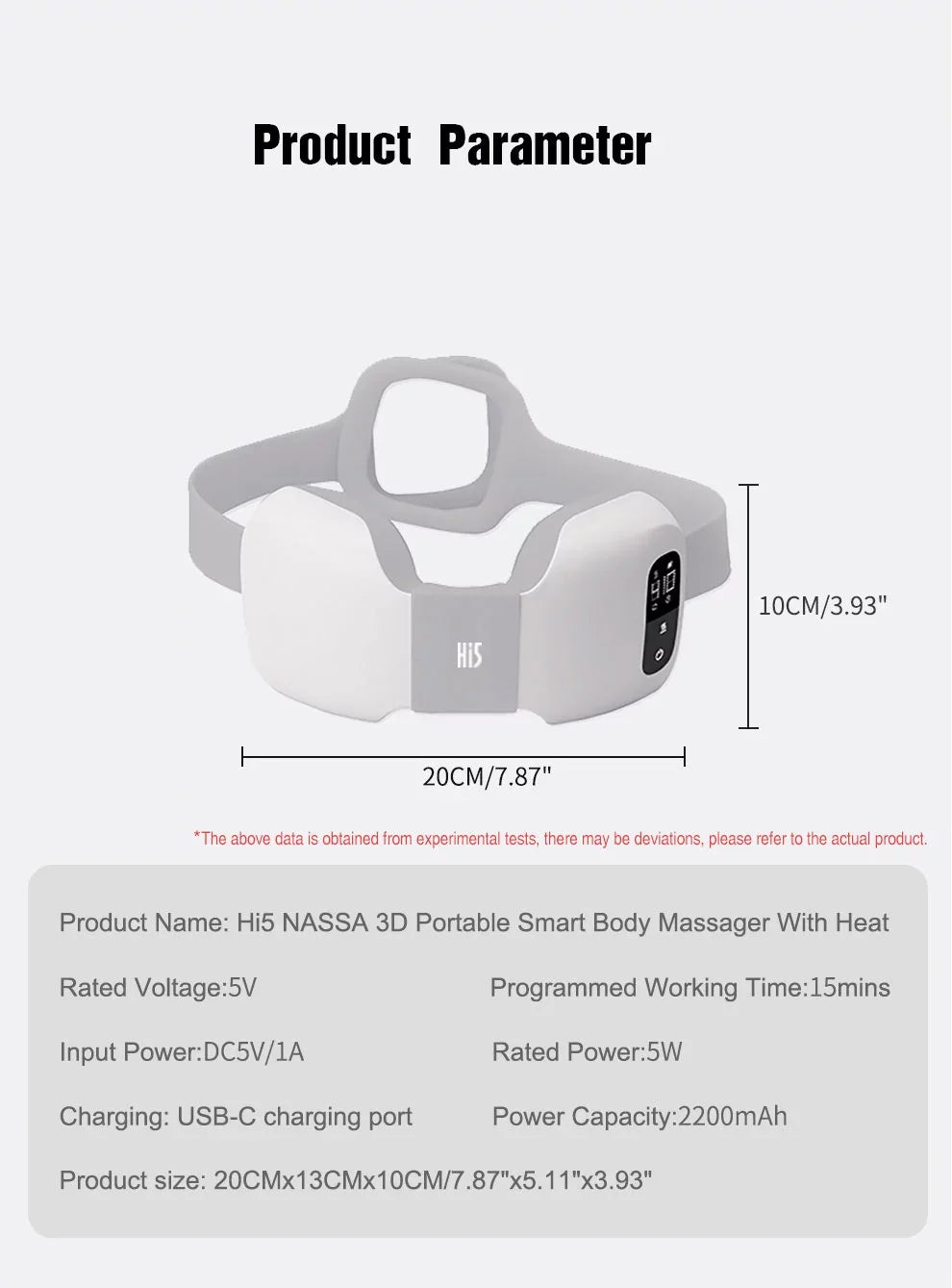Portable smart body massager with heat, showing dimensions and technical specifications on a white background.