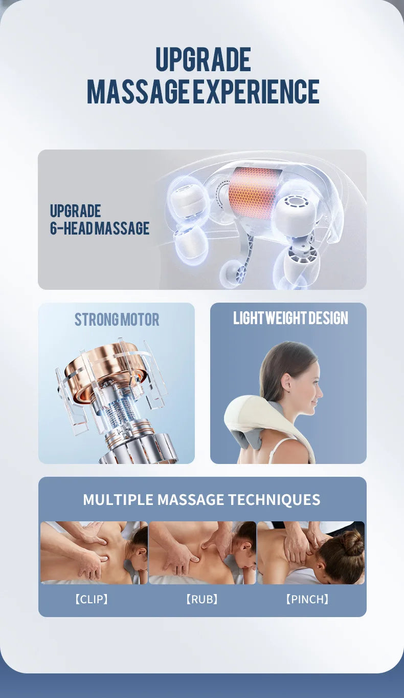 Advertisement for a massage device with features like 6-head massage, strong motor, lightweight design, and multiple massage techniques.آلة التدليك