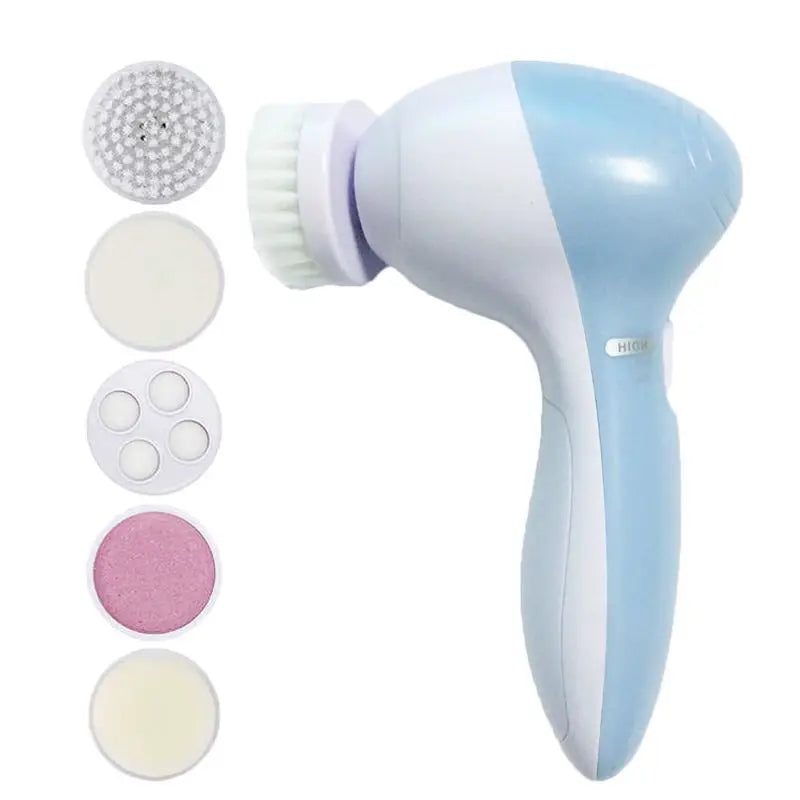 Blue and white facial cleansing brush with interchangeable heads on a white background