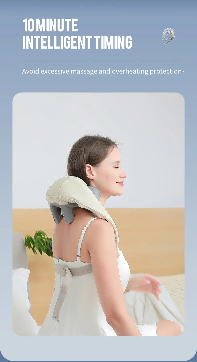 Woman using a neck and shoulder massager with text about intelligent timing and overheating protection.آلة التدليك