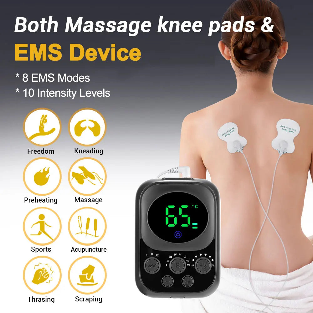 EMS device with massage knee pads and digital display on a gray background
