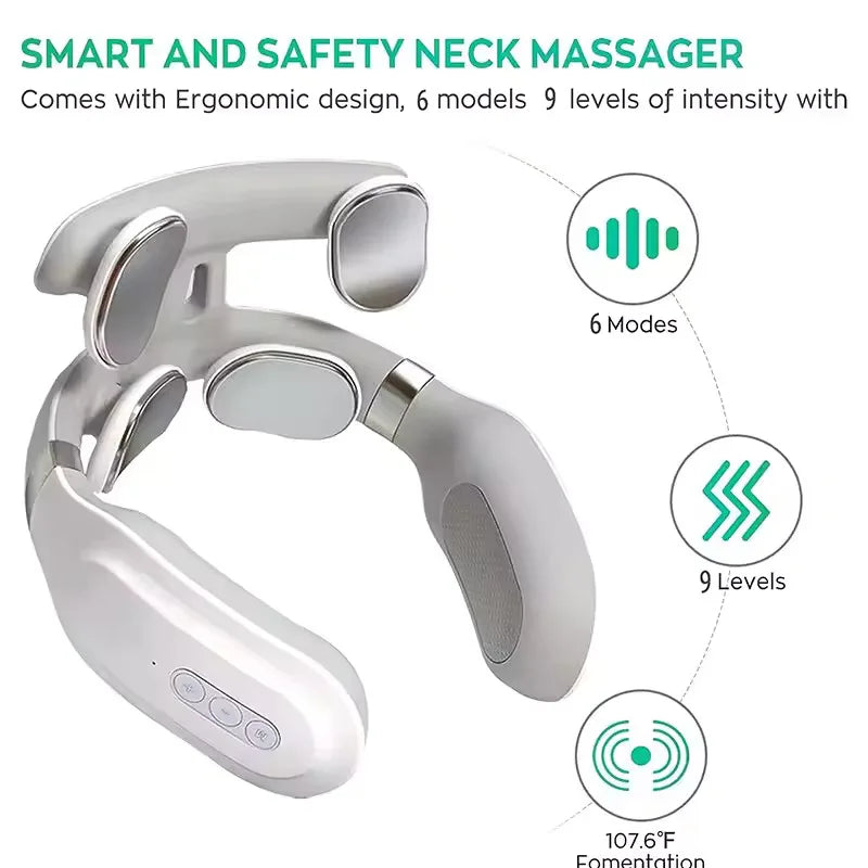 Smart and safety neck massager with ergonomic design, 6 models, 9 levels of intensity, and temperature control on a white background.