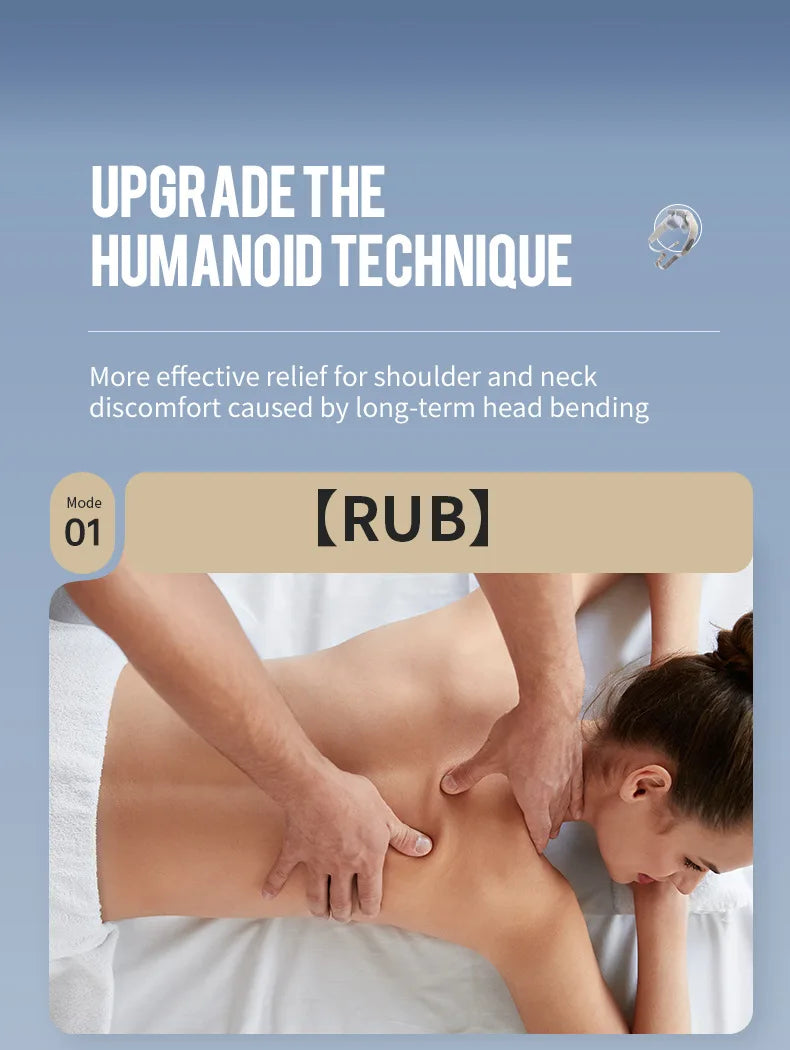 Person receiving a massage on a blue background with text about humanoid technique and shoulder/neck discomfort relief.آلة التدليك