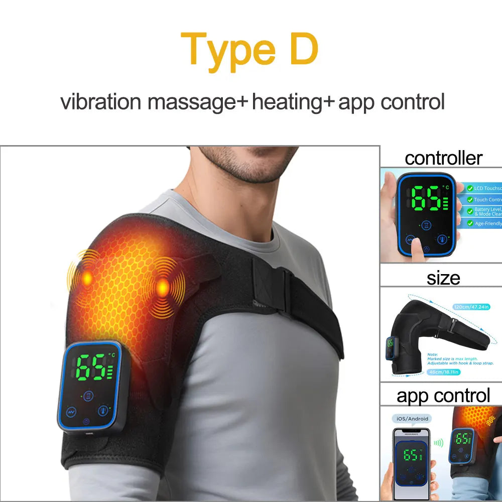Shoulder massager with digital controller, heating element, and app control on a white background.