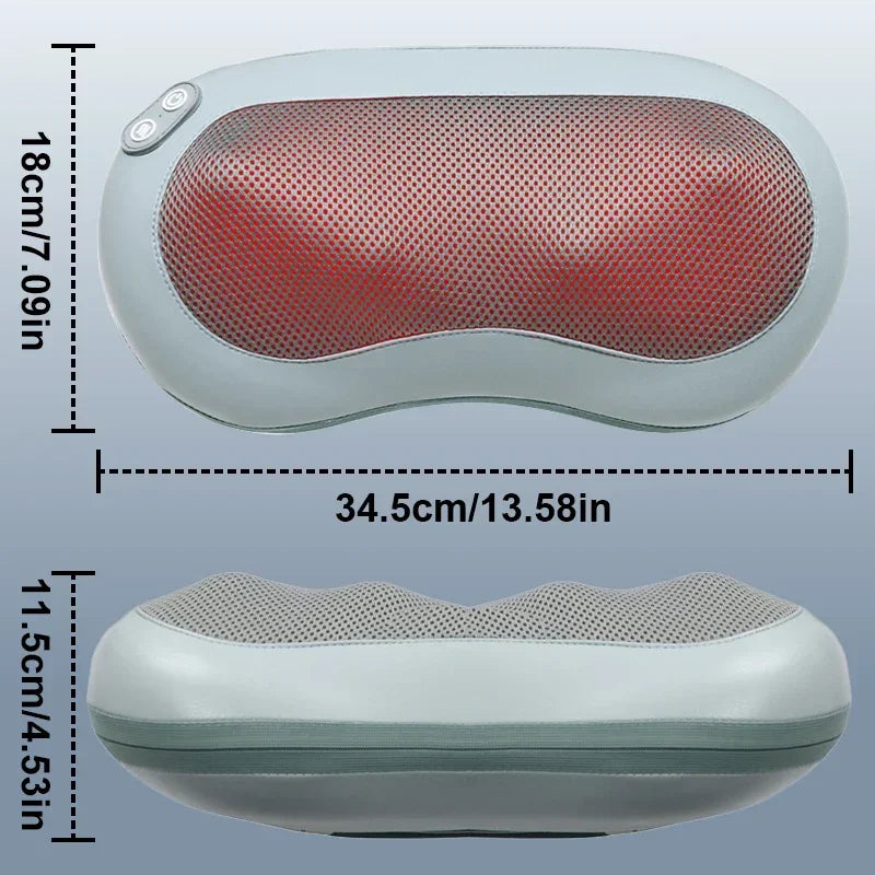 Massage pillow with dimensions labeled on a light blue background