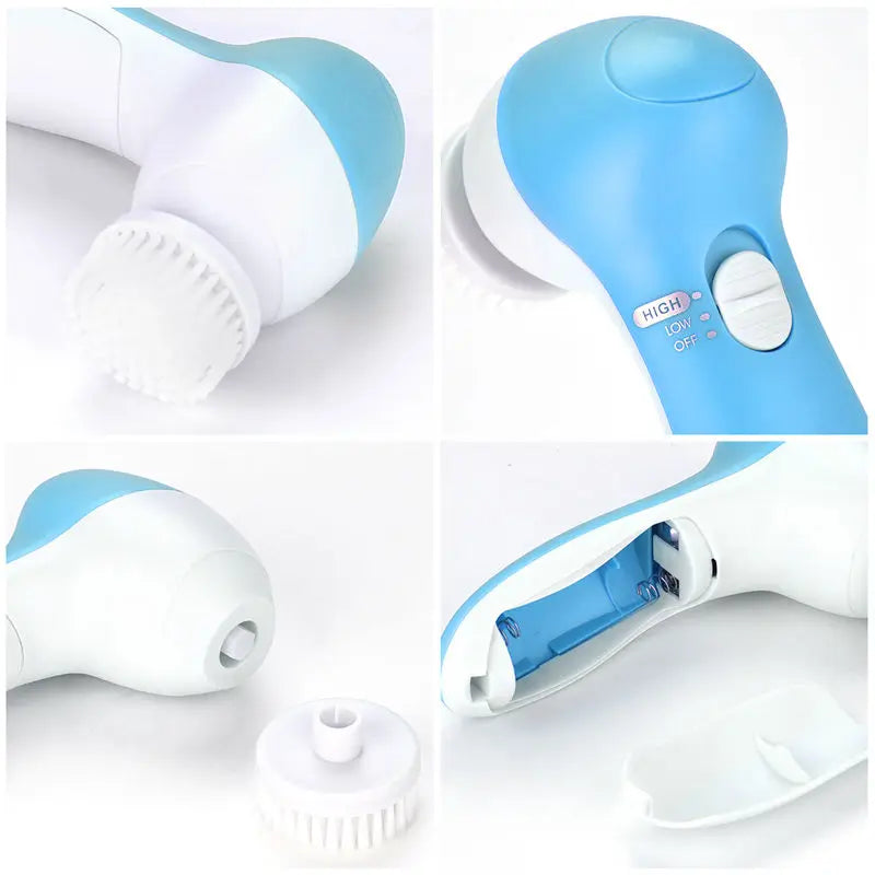 White and blue handheld device with a dial on a white background