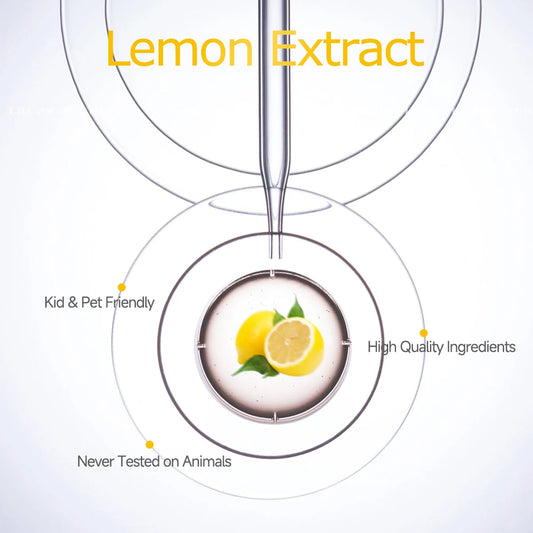 Lemon extract product with lemons and a dropper on a white background