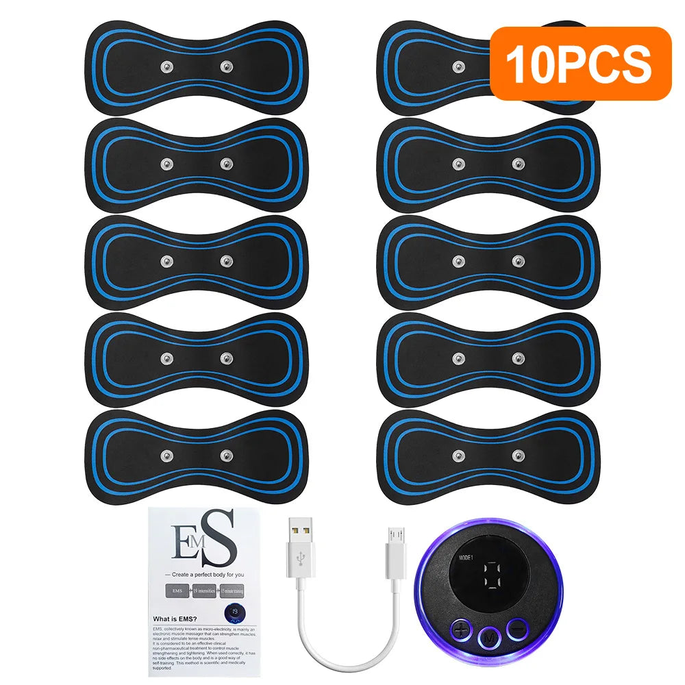 10 EMS muscle stimulator pads with a device and USB cable on a white background