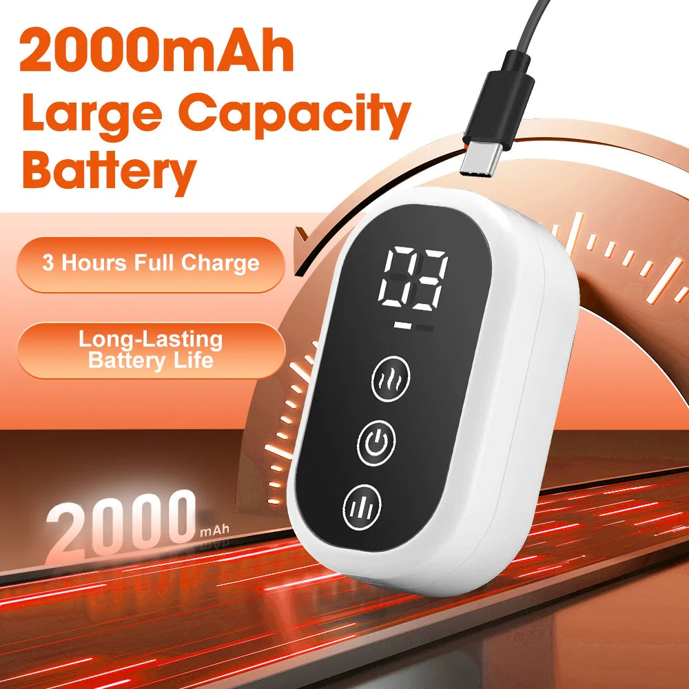White electronic device with digital display and charging cable, labeled '2000mAh Large Capacity Battery' on an orange background.