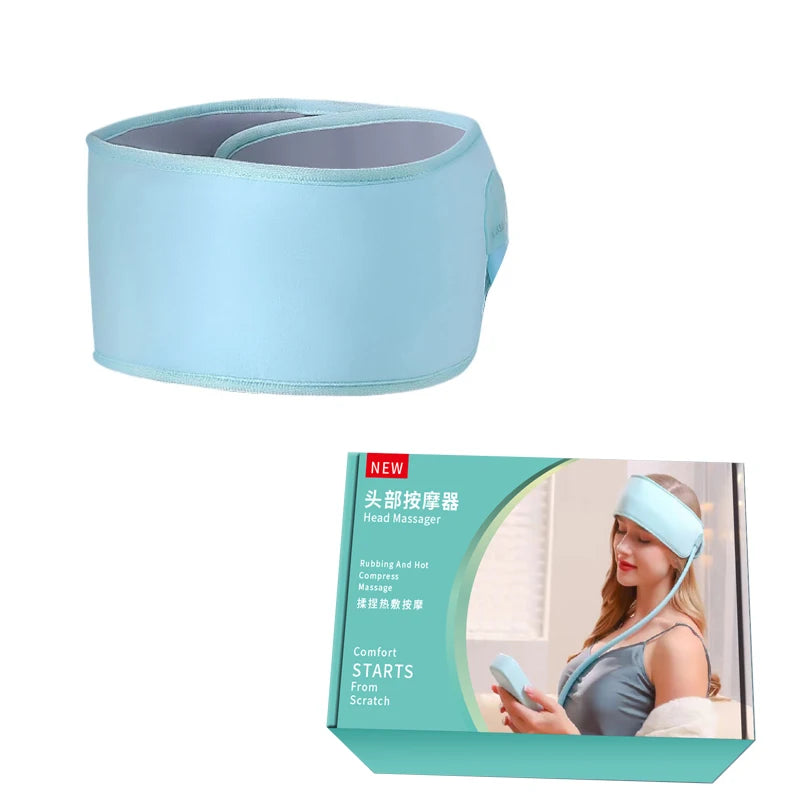 Blue head massager with packaging on a white background