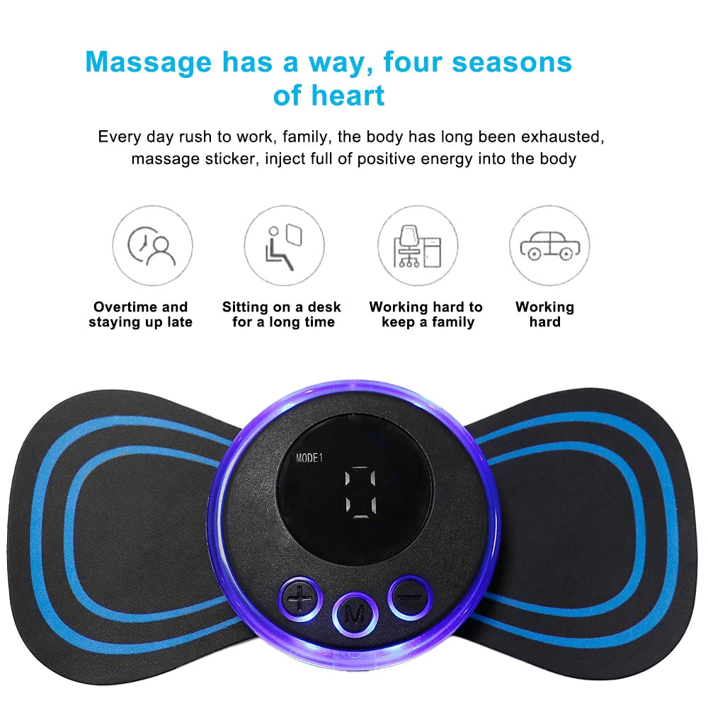 Massage device with control panel and text about its benefits on a white background