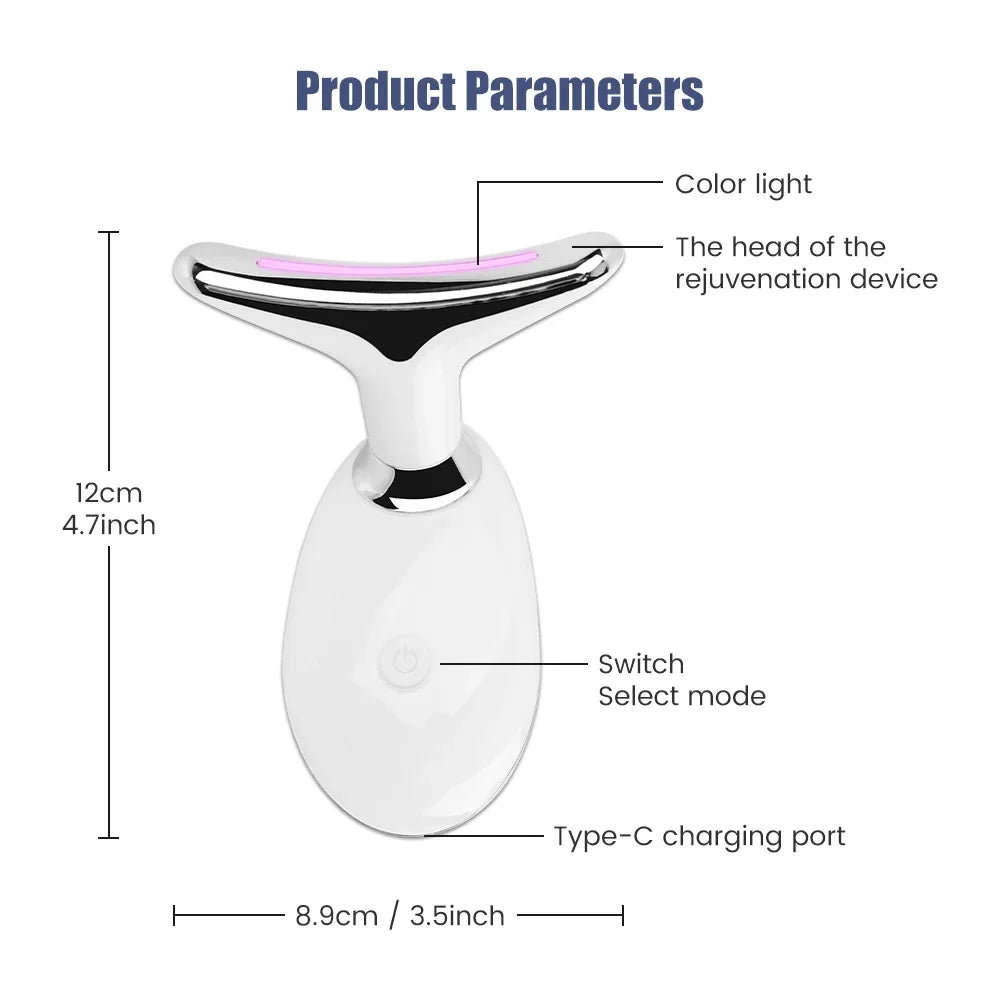 Facial rejuvenation device with labeled parts and dimensions on a white background