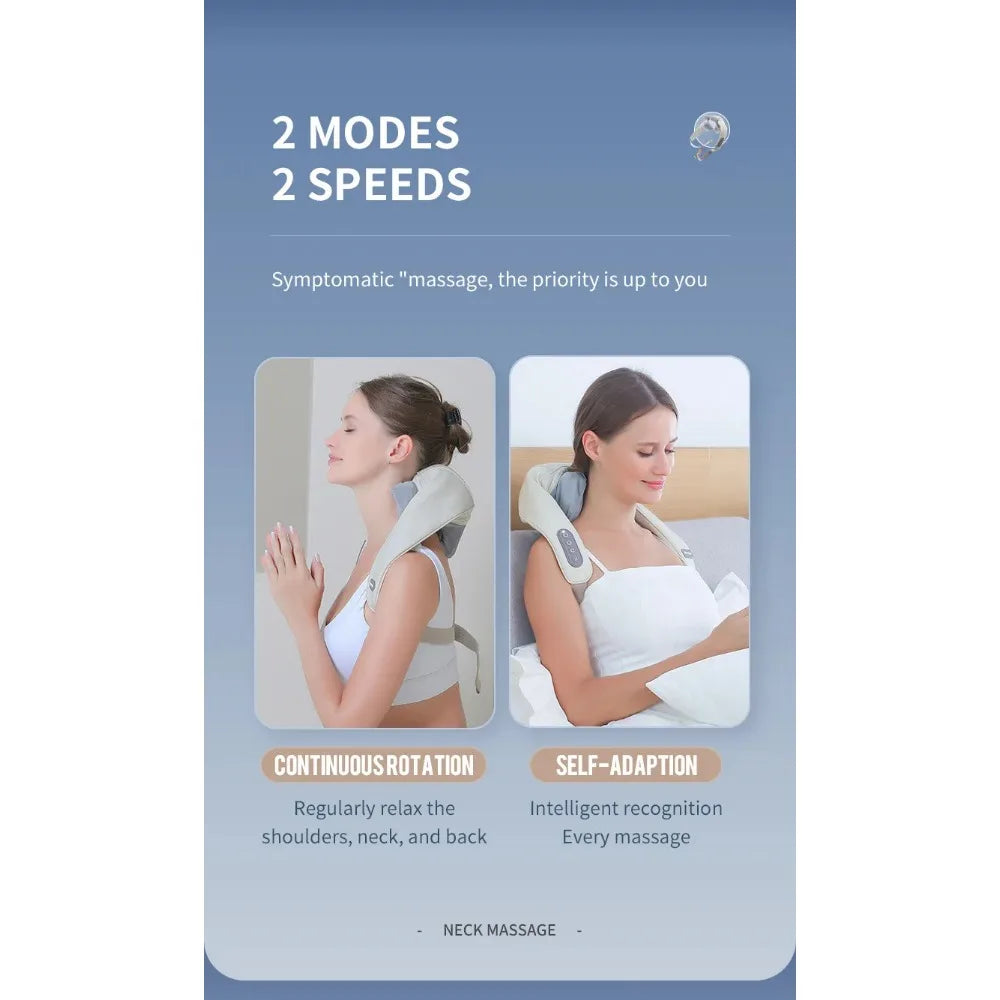 Advertisement for a neck massage device with two modes and speeds on a blue background.آلة التدليك
