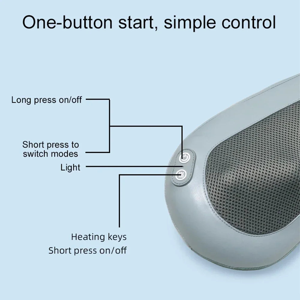 Control panel with buttons labeled for a product, on a light blue background.