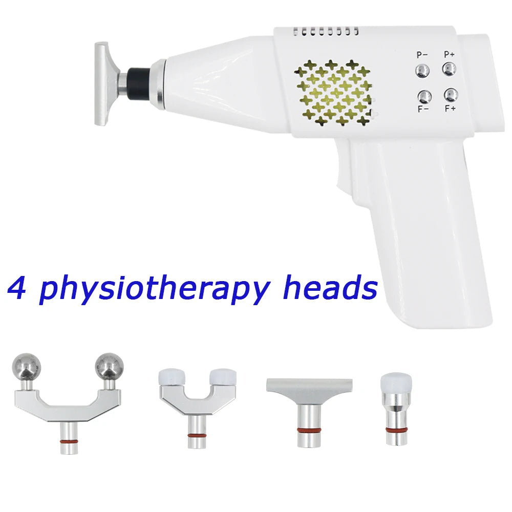 White physiotherapy gun with four interchangeable heads on a white background