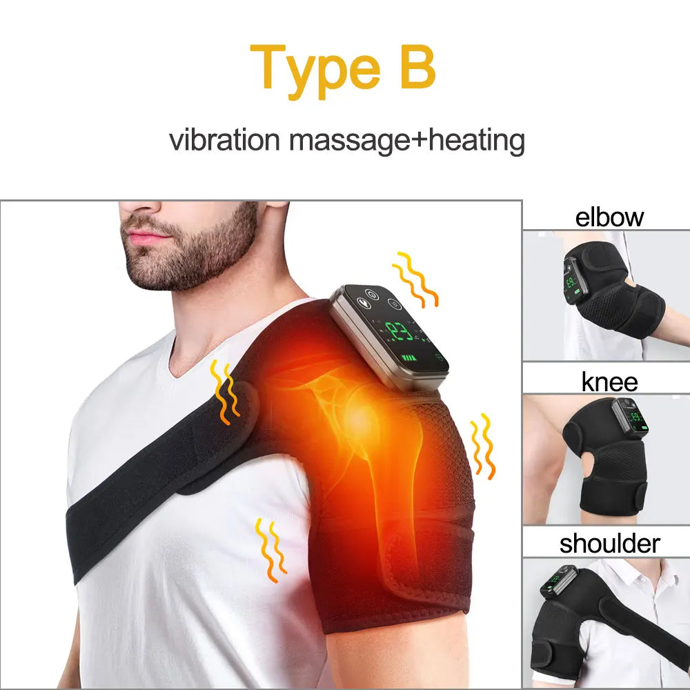 Vibration massage and heating device on shoulder with additional views of elbow and knee