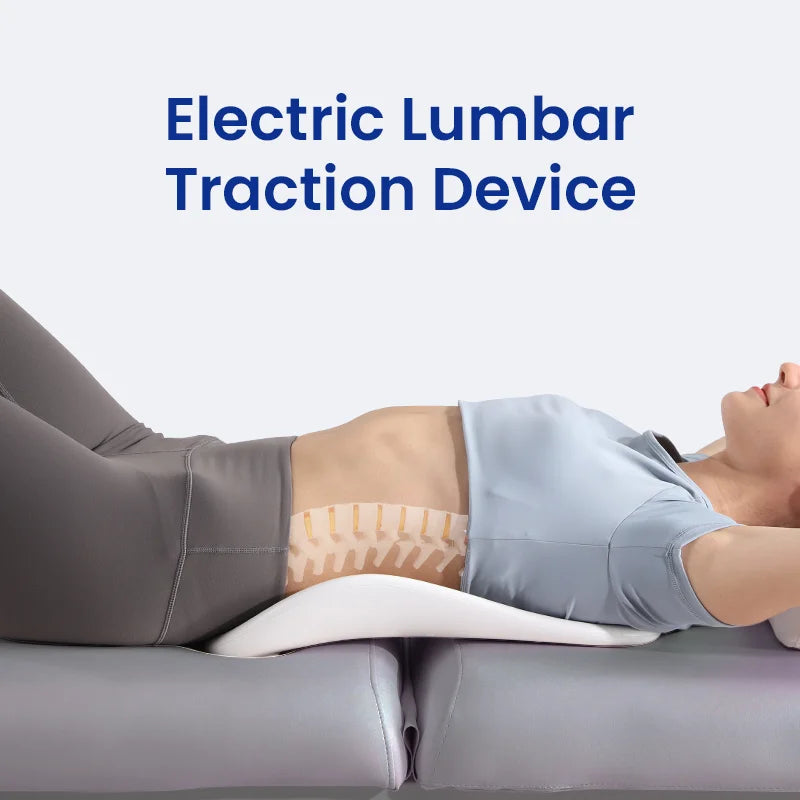 Person using an electric lumbar traction device with text 'Electric Lumbar Traction Device' above.