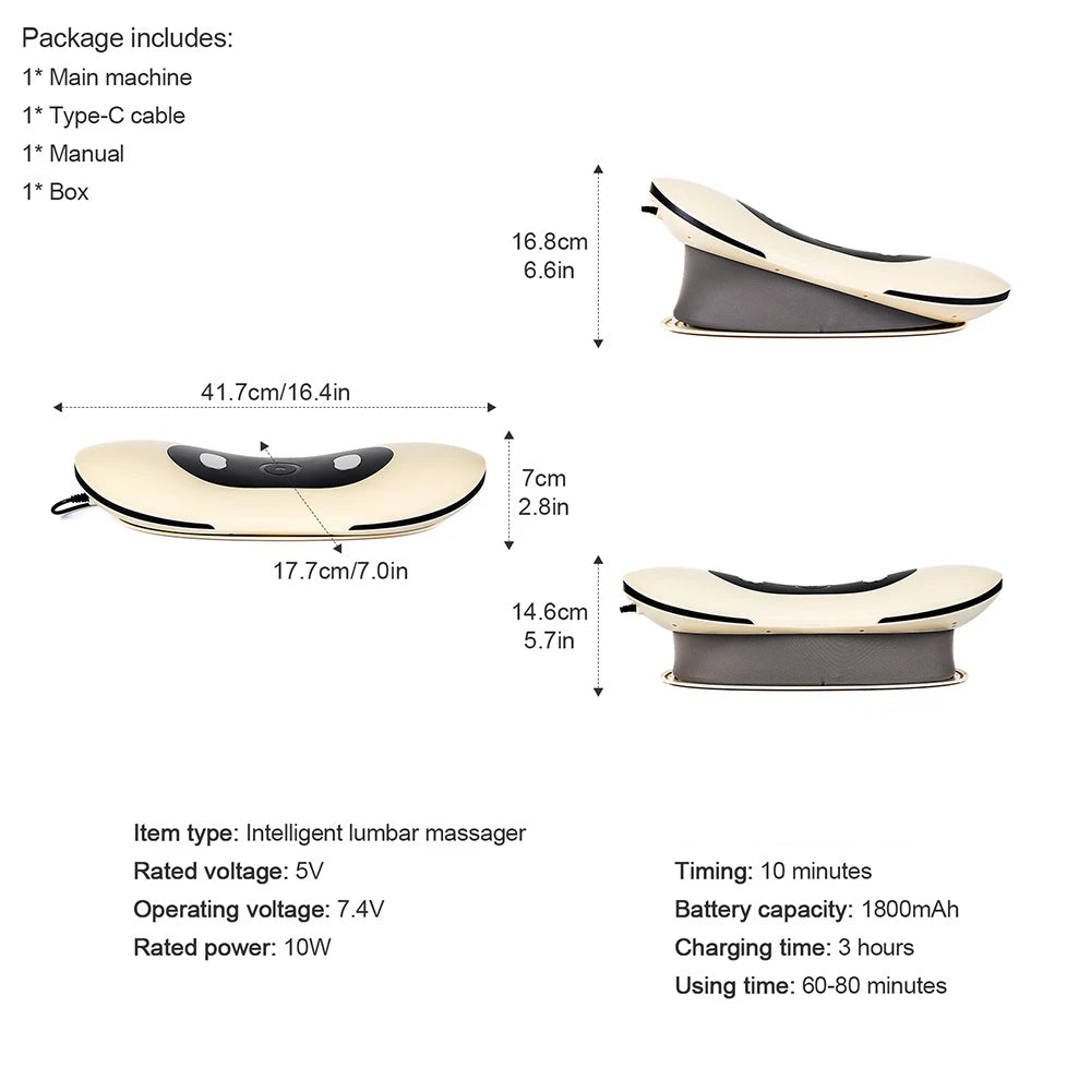 Intelligent lumbar massager with dimensions, specifications, and packaging details on a white background.