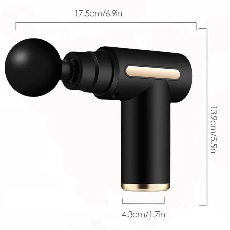 Black handheld massage gun with measurements on a white background