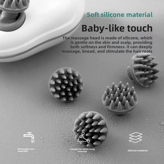 Massage tool with silicone heads on a gray background, highlighting soft silicone material and baby-like touch.