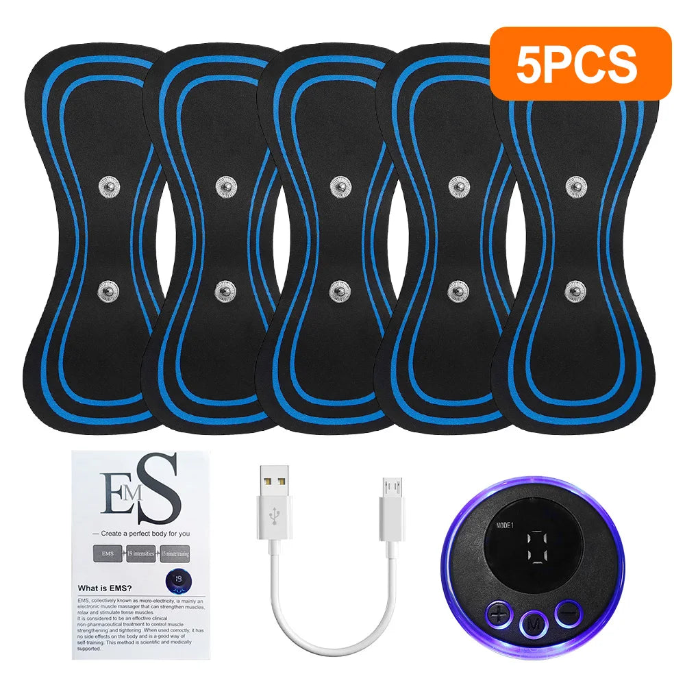 Set of five black and blue electronic muscle stimulators with a power adapter and USB cable on a white background.