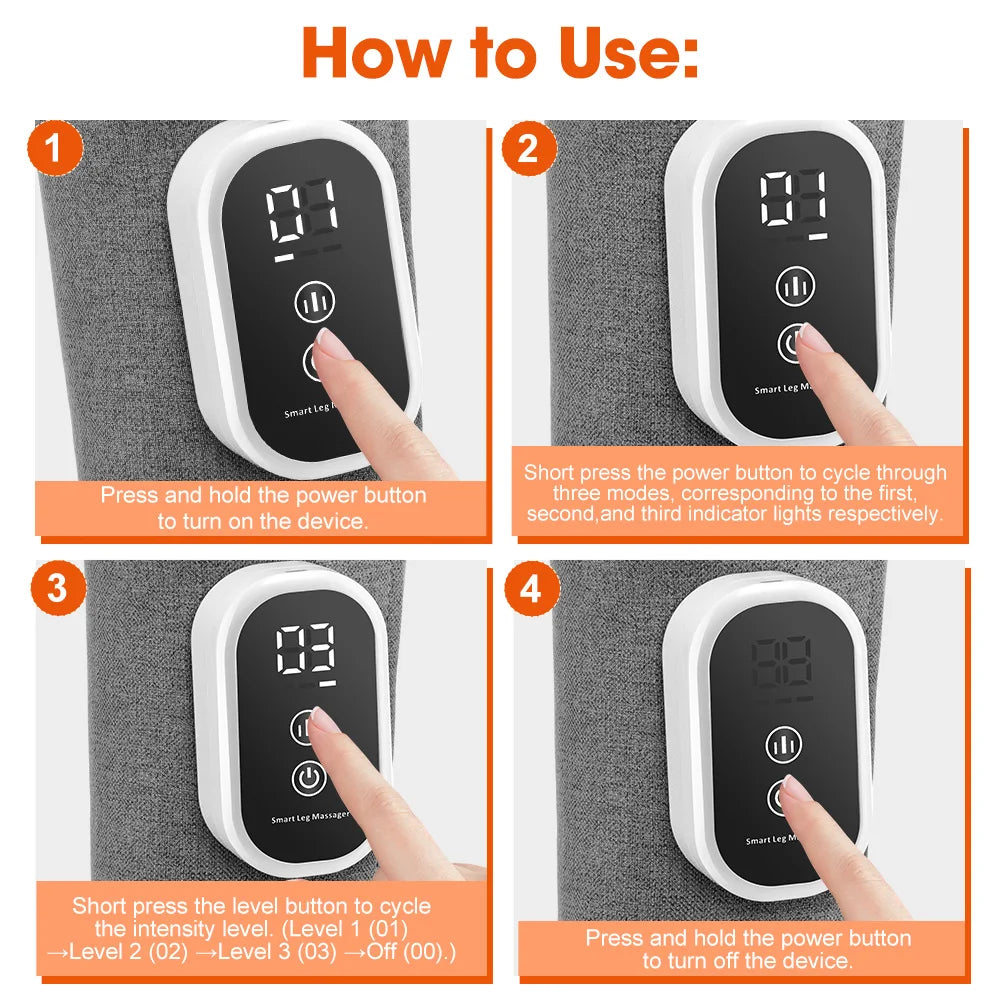 Instructions on how to use a digital device with a power button and level control on a gray background.