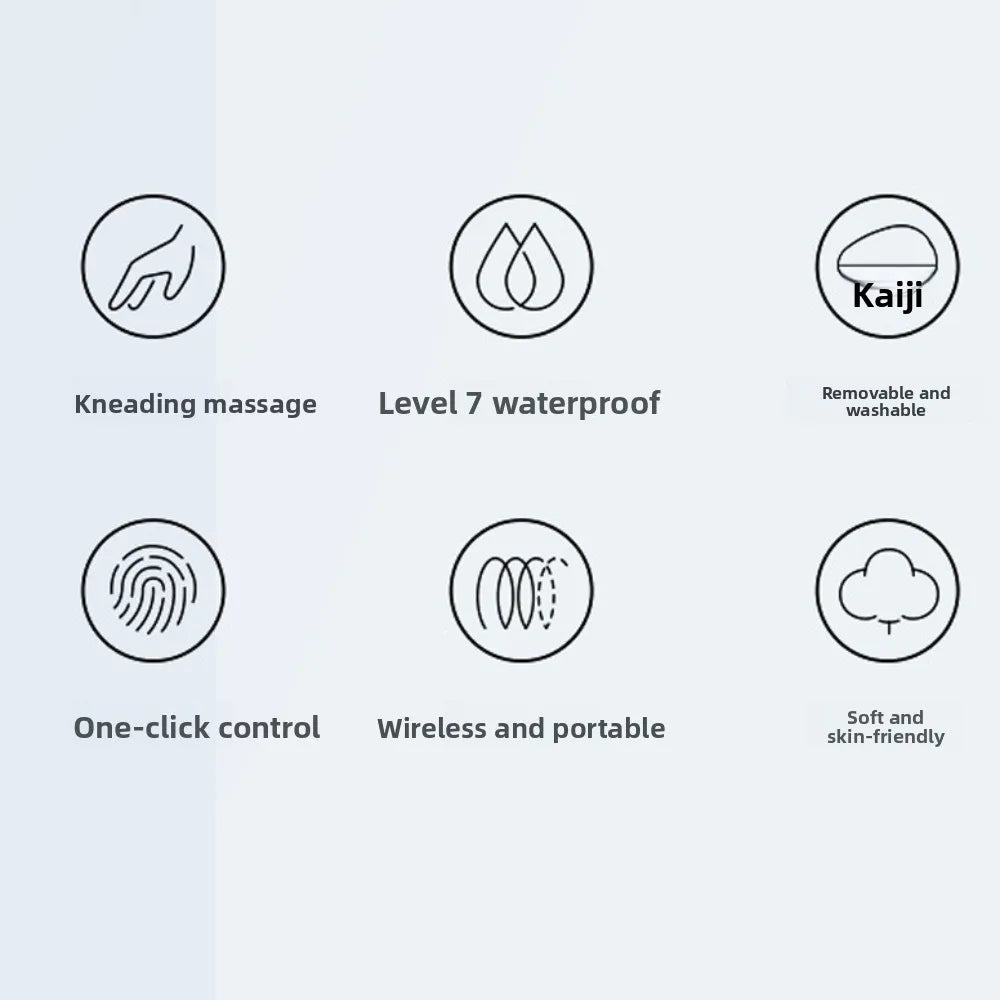 Set of icons and text describing features of a product on a light gray background