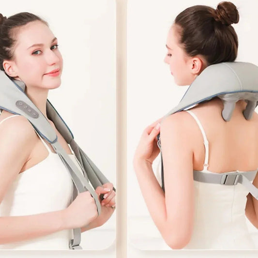 Woman using a neck and shoulder massager on a white background, آلة التدليك