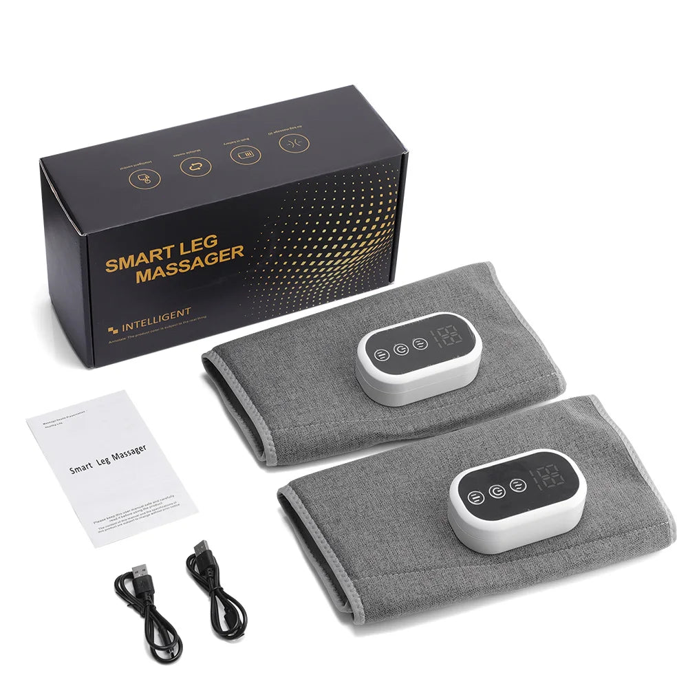 Smart leg massager set with packaging, two gray straps, and control devices on a white background.