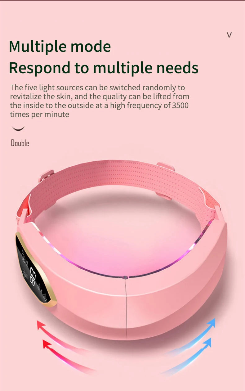 Pink electronic device with text about multiple modes and skin revitalization on a pink background