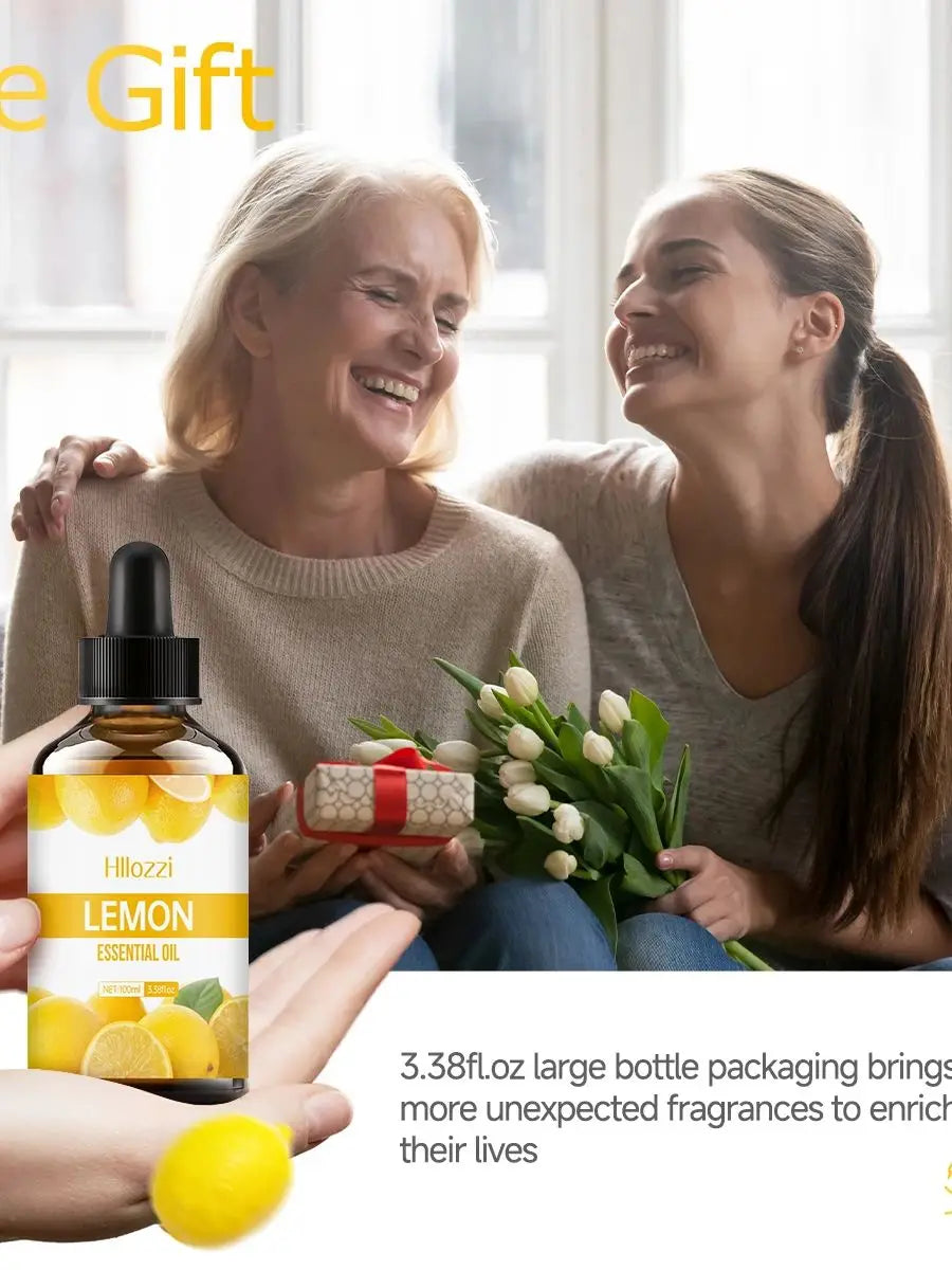 Two women holding a bottle of lemon essential oil, a gift box, and flowers with text about the product.