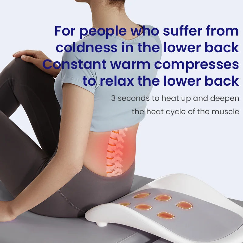 Person using a lower back heating device with text about its benefits for coldness in the lower back.