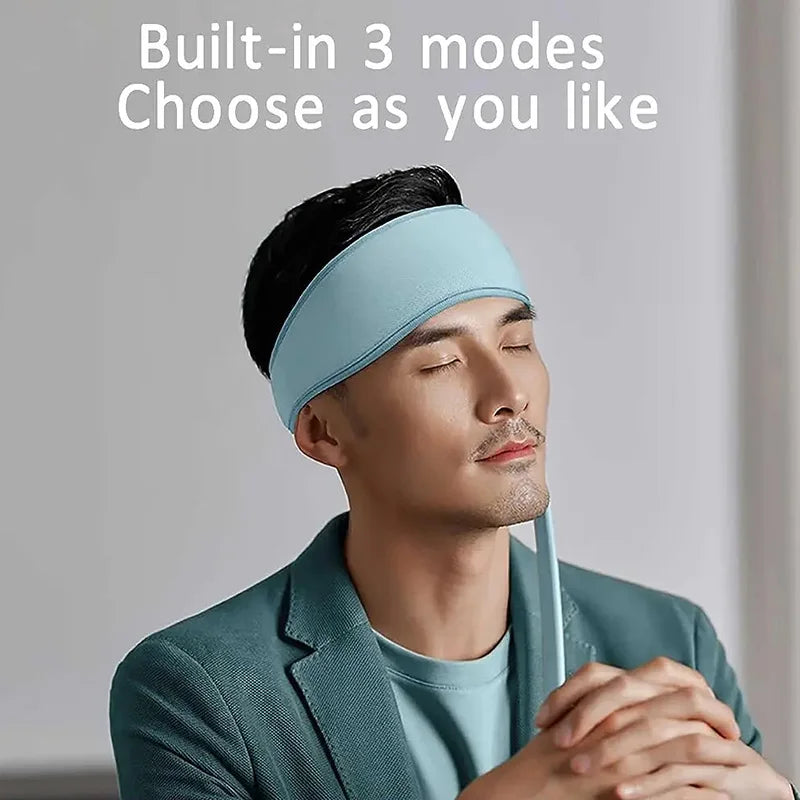 Man wearing a light blue sleep mask with text 'Built-in 3 modes Choose as you like' on a plain background