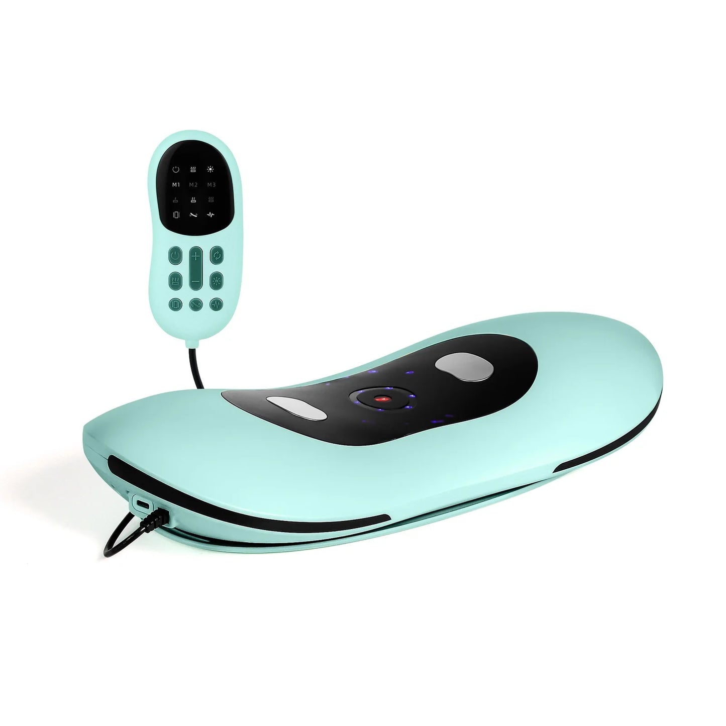 Turquoise electronic device with remote control on a white background