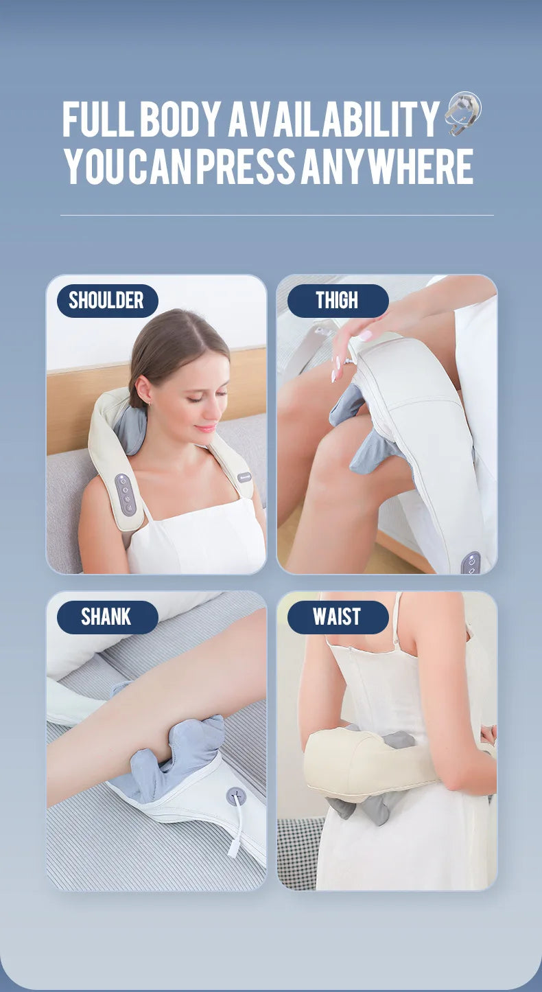 Massage device being used on different parts of the body with text indicating full body availability.آلة التدليك
