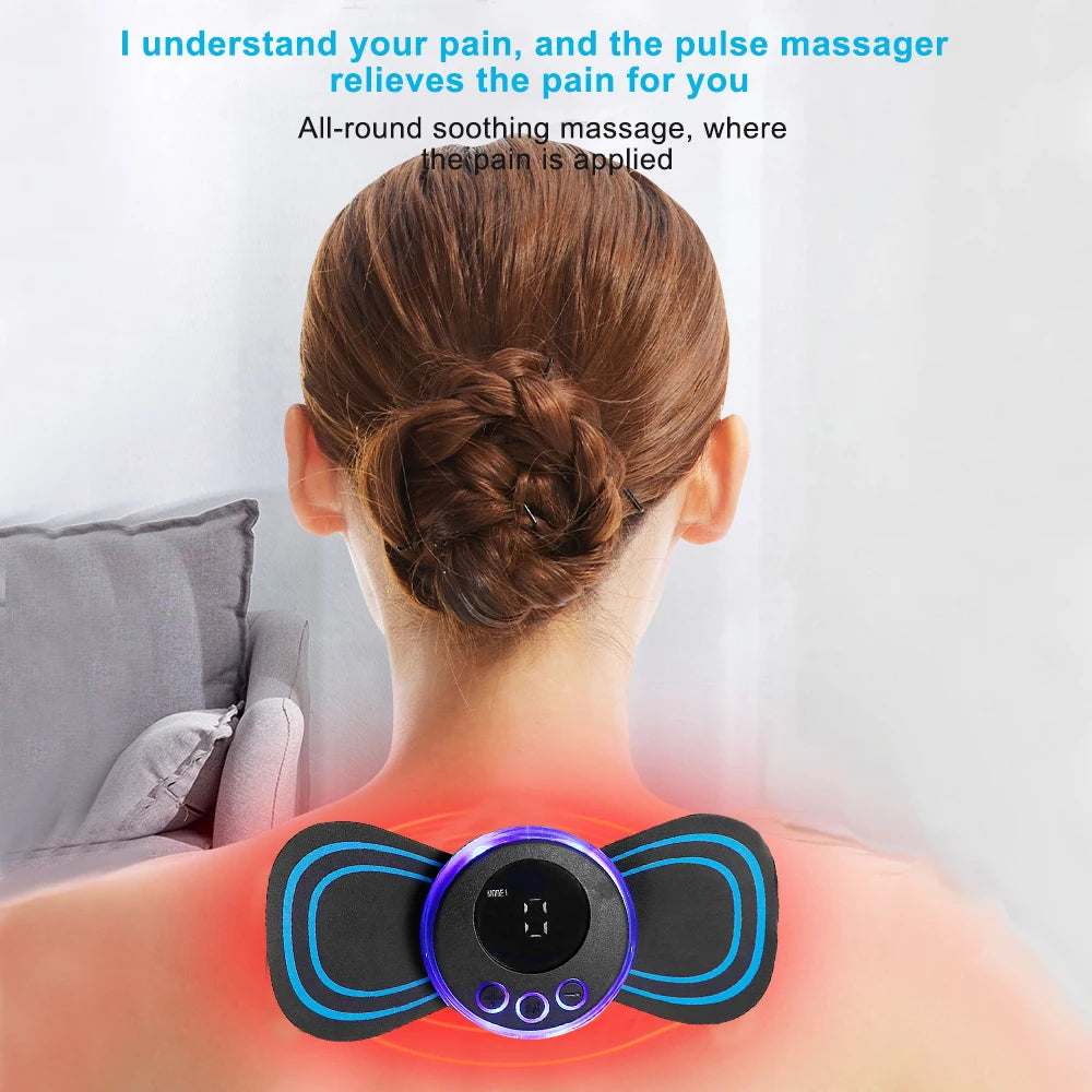 Person using a pulse massager on their back with text about pain relief.