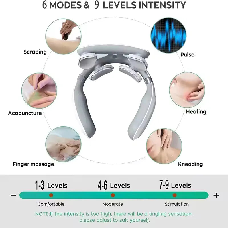 Neck massager with various massage modes and intensity levels on a white background