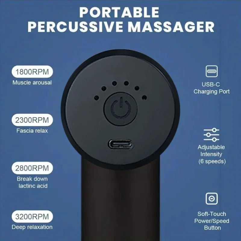 Portable percussive massager with features on a blue background