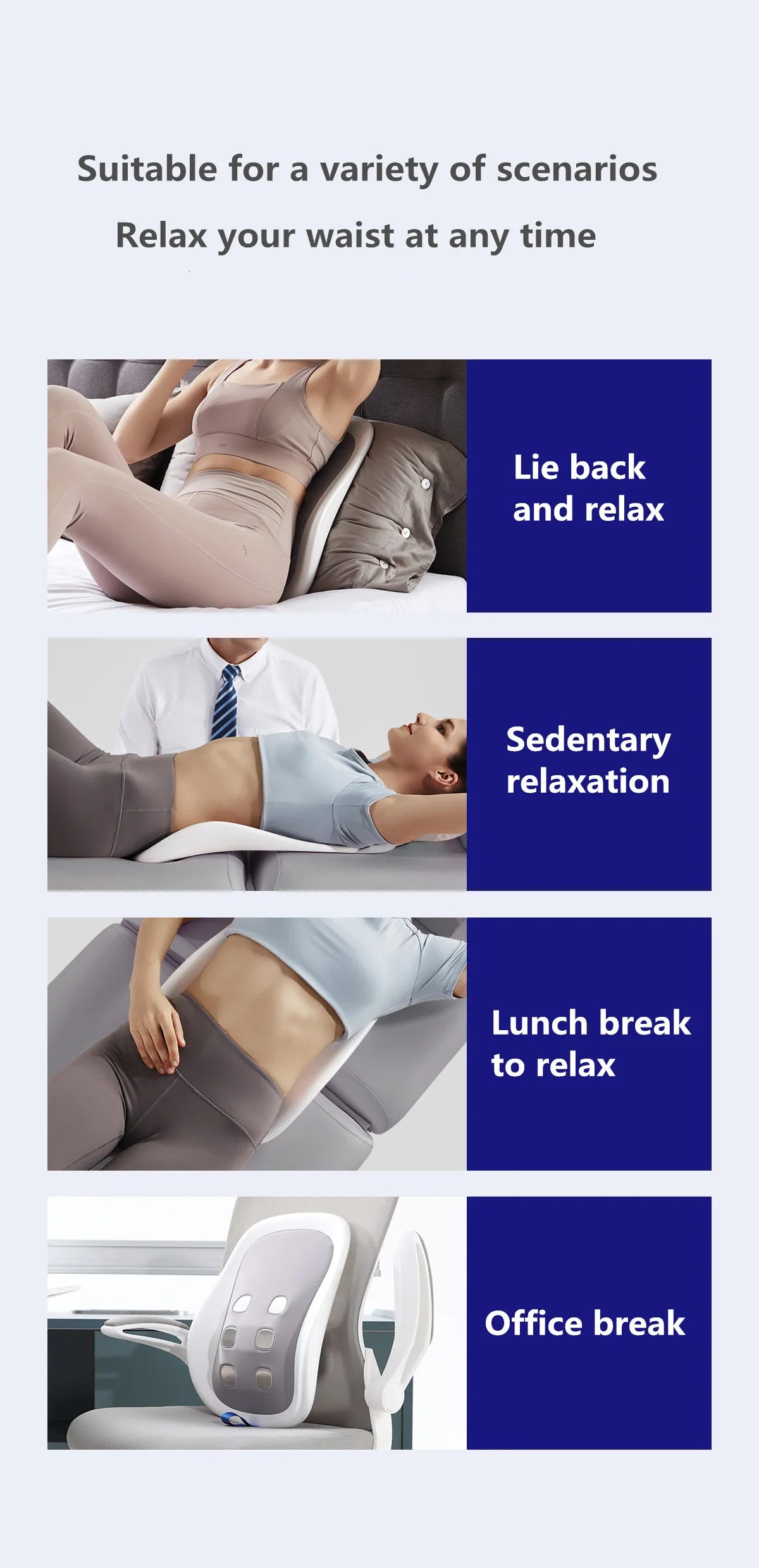 Product advertisement for a waist support device with usage scenarios on a white background.