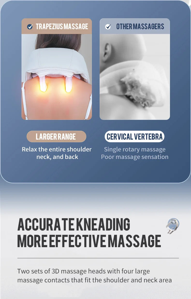 Advertisement for massage device with images of massage application and text describing features.آلة التدليك