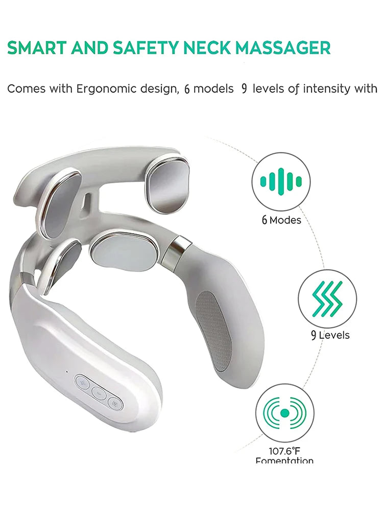 Smart neck massager with ergonomic design, 6 models, 9 levels of intensity on a white background.